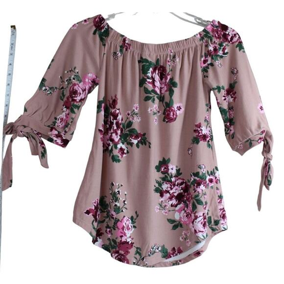 No Boundaries Off Shoulder Elbow Tie Top Jr 7-9 Mauve Floral Romantic Boho Fairy - Picture 1 of 9